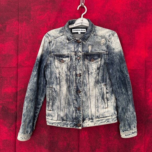 EXPRESS JEANS DENIM JACKET WOMEN'S, MEDIUM, BUTTON UP, POCKETS, DISTRESSED - Picture 7 of 14